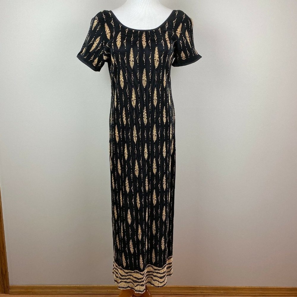 Virgo‎ Dress 8 Maxi Black Beige Ribbed Slinky Scoop Neck Shoulder Pads Vintage
